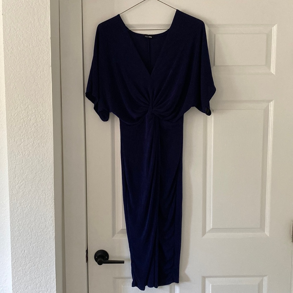 Fashion Nova bat wing knot front navy midi dress
